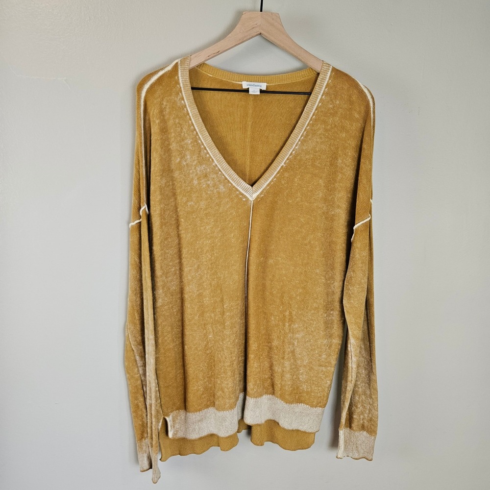 Sundance Catalog Cece Lightweight Sweater Sz L Washed Mustard Gold Drapey V-Neck